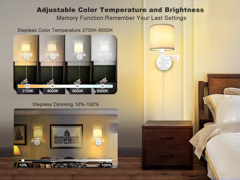 GOODATE Plug in Wall Sconces with Remote Control, Dimming, Adjustable Colors 2700K-6500K, Hardwire or Plug-in, Swing Arm Wall Lamp, Wall Sconces Set of Two, White Fabric Shade, White Finish - Image 2